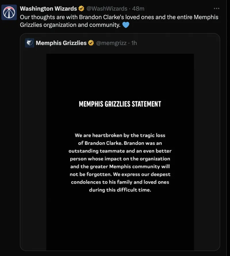 欧宝体育-奇才官方悼念布兰登-克拉克：向其亲人及灰熊社区表达慰问